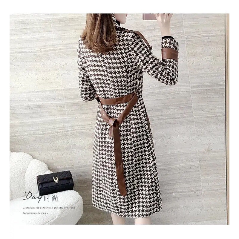 Áo khoác dạ phối viền da cao cấp thời trang thu đông quảng châu