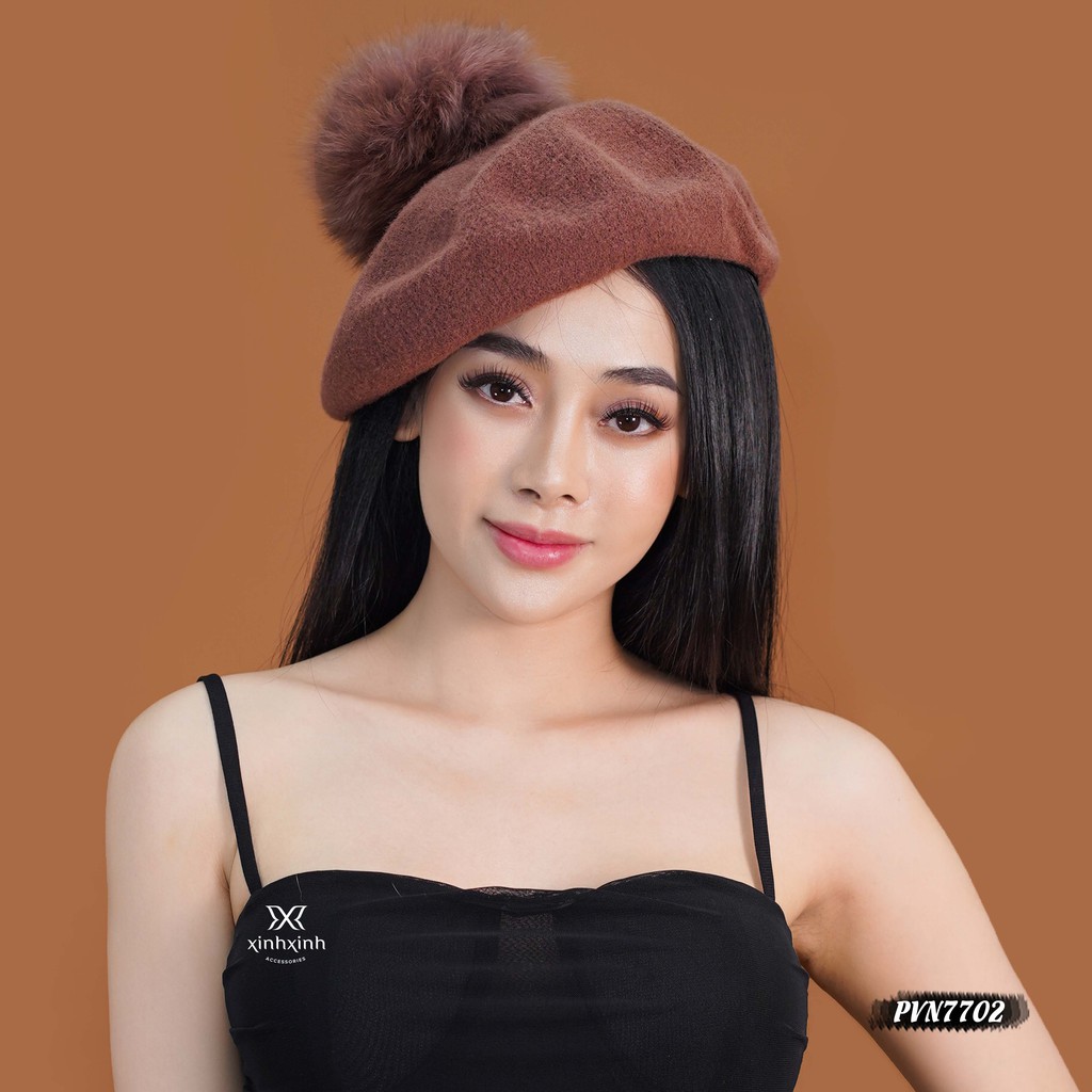 Mũ nồi Beret nỉ đính quả bông xinh xắn - Xinh Xinh Accessories