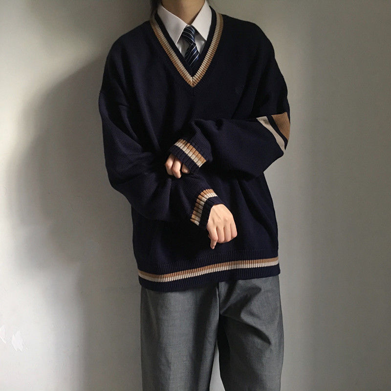 Áo Len Nam New College Korean Students Loose Couple Pullover V-neck Knitted Sweater Men