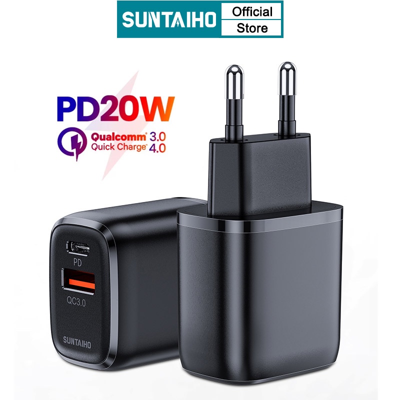 Củ sạc nhanh SUNTAIHO PD 20W sạc nhanh QC 3.0 cổng Usb Type C màu đen / trắng cho iPhone 12 11 Pro Max Samsung