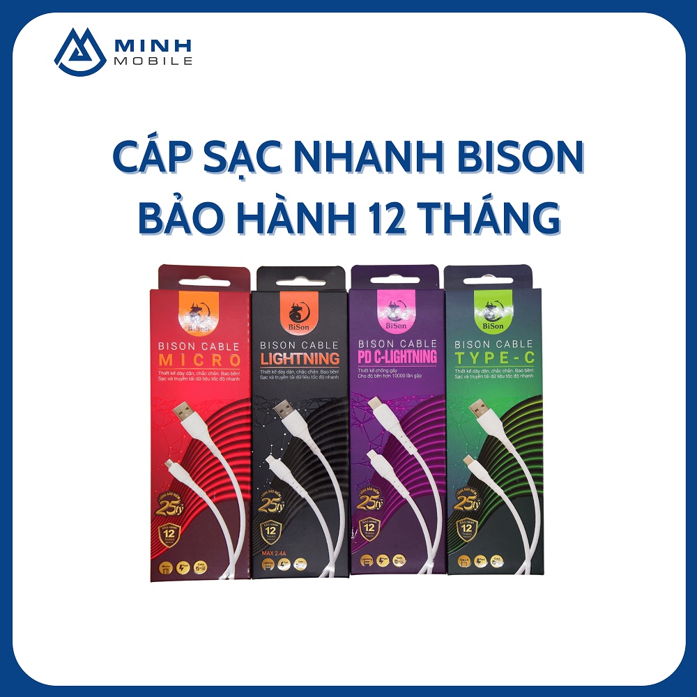 Cáp sạc BISON CON TRÂU siêu bền, bảo hành 12 tháng, sạc nhanh, bảo hiểm cháy nổ 25 tỷ