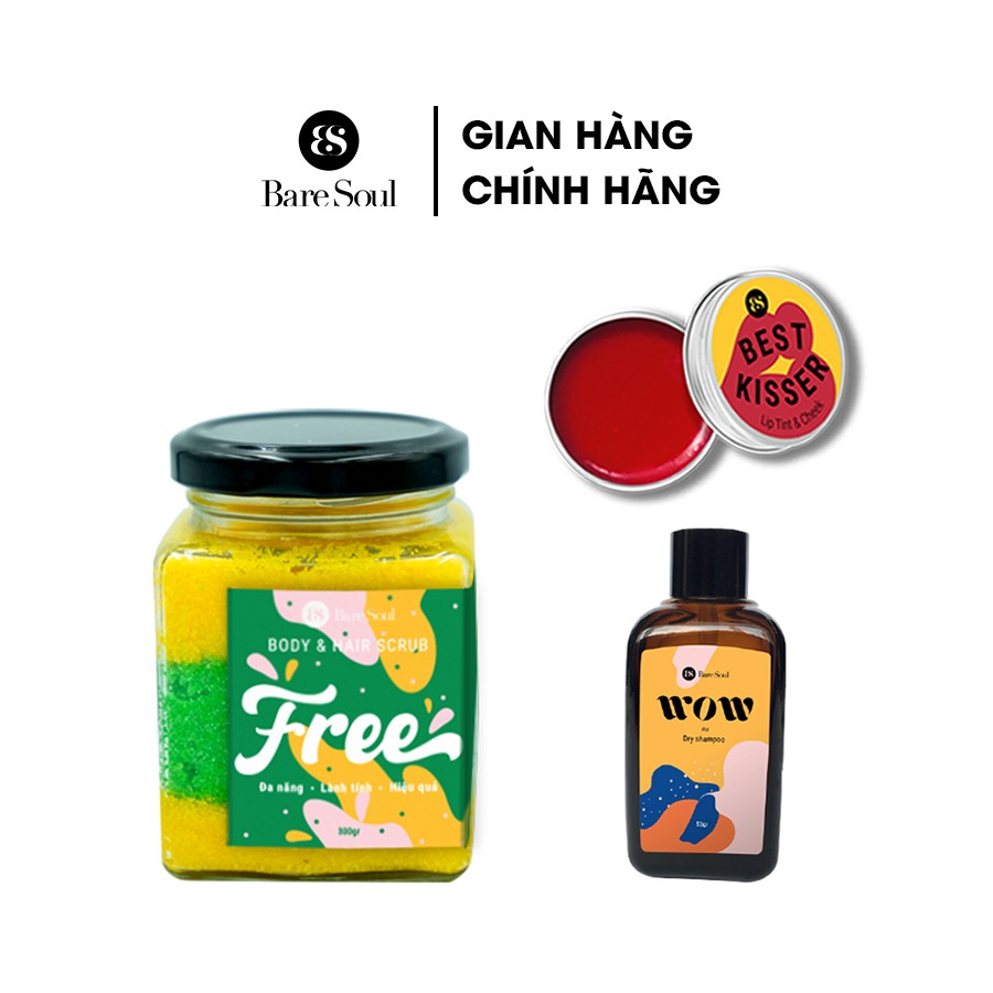 Combo Muối tắm BareSoul Free Body &amp; Hair Scrub 300g + Dầu gội khô WOW dry shampoo 50g + Son dưỡng Lip Tint &amp; Cheek 10g