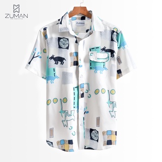 Áo sơ mi nam ngắn tay vải lụa thiết kế hoạ tiết hình vẽ đơn giản - ZUMAN - ASM22