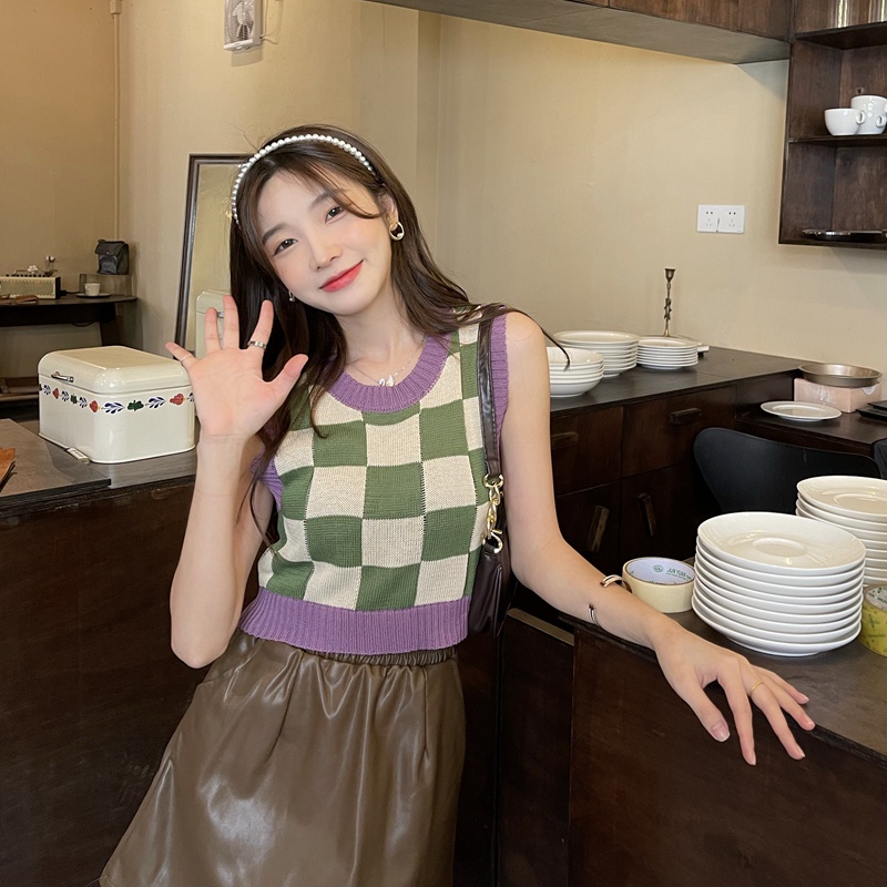 Xiaozhainv Áo dệt kim không tay họa tiết kẻ caro thời trang Hàn Quốc xinh xắn cho nữ | BigBuy360 - bigbuy360.vn