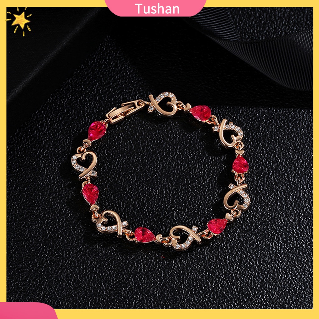 TUSH_Women Cubic Zirconia Inlaid Hollow Love Heart Charm Bracelet Bangle Jewelry Gift