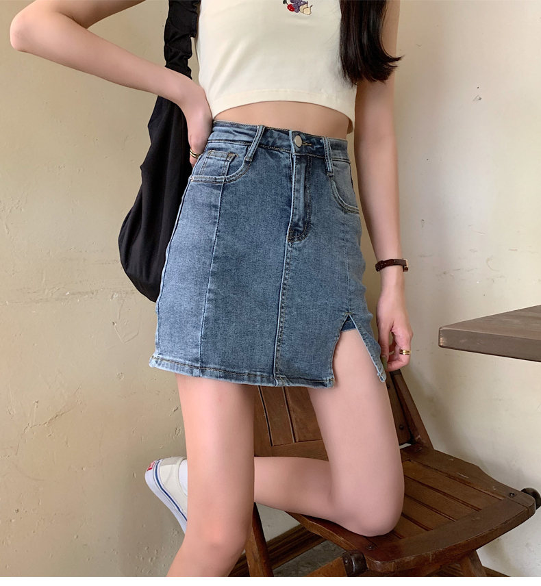 SUXI Chân váy jean dáng chữ A thiết kế lưng cao phong cách Hàn Quốc cho nữ