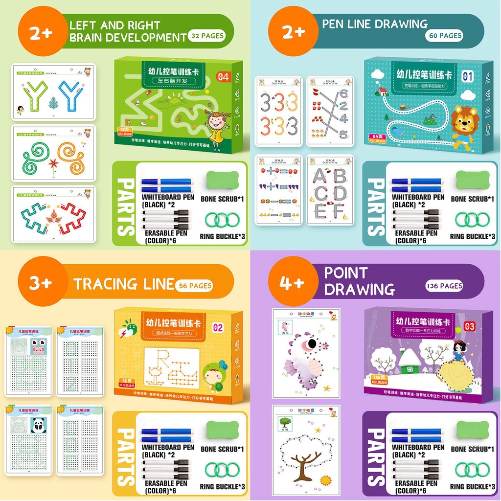 WIPE CLEAN TRACING WORKSHEETS BOOK 32-136 PAGES FOR KIDS PEN CONTROL STROKE WRITING ALPHABET NUMBER DOT TO DOT HOMESCHOOLING