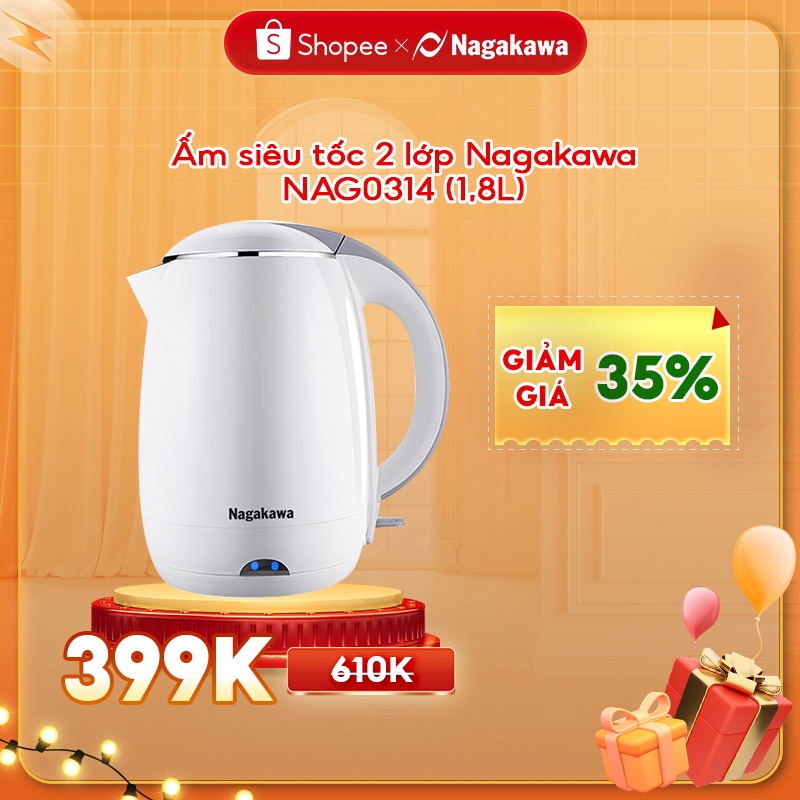 Ấm siêu tốc 2 lớp 1,8L Nagakawa NAG0314 - Hàng chính hãng - Bảo hành 12 tháng