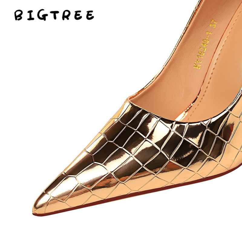 BIGTREE Chính Hãng Giày Cao Gót 10.5cm Mall-9611-7 Mũi Nhọn Miệng Nông Họa Tiết Vân Đá Bằng Kim Loại Phong Cách Retro Quyến Rũ Cho Nữ