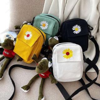 Túi đeo chéo mini vải canvas thêu hình hoa cúc unisex cá tính