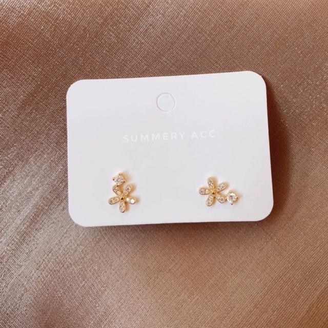 Khuyên tai bạc 925 SUMMERY hoa 5 cánh đính đá bông tai S925 mạ vàng