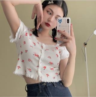 Áo Sơ Mi THUN retro hoa Ngắn Tay Áo sơ mi mỏng ngắn rốn đan len chín Áo sơ mi