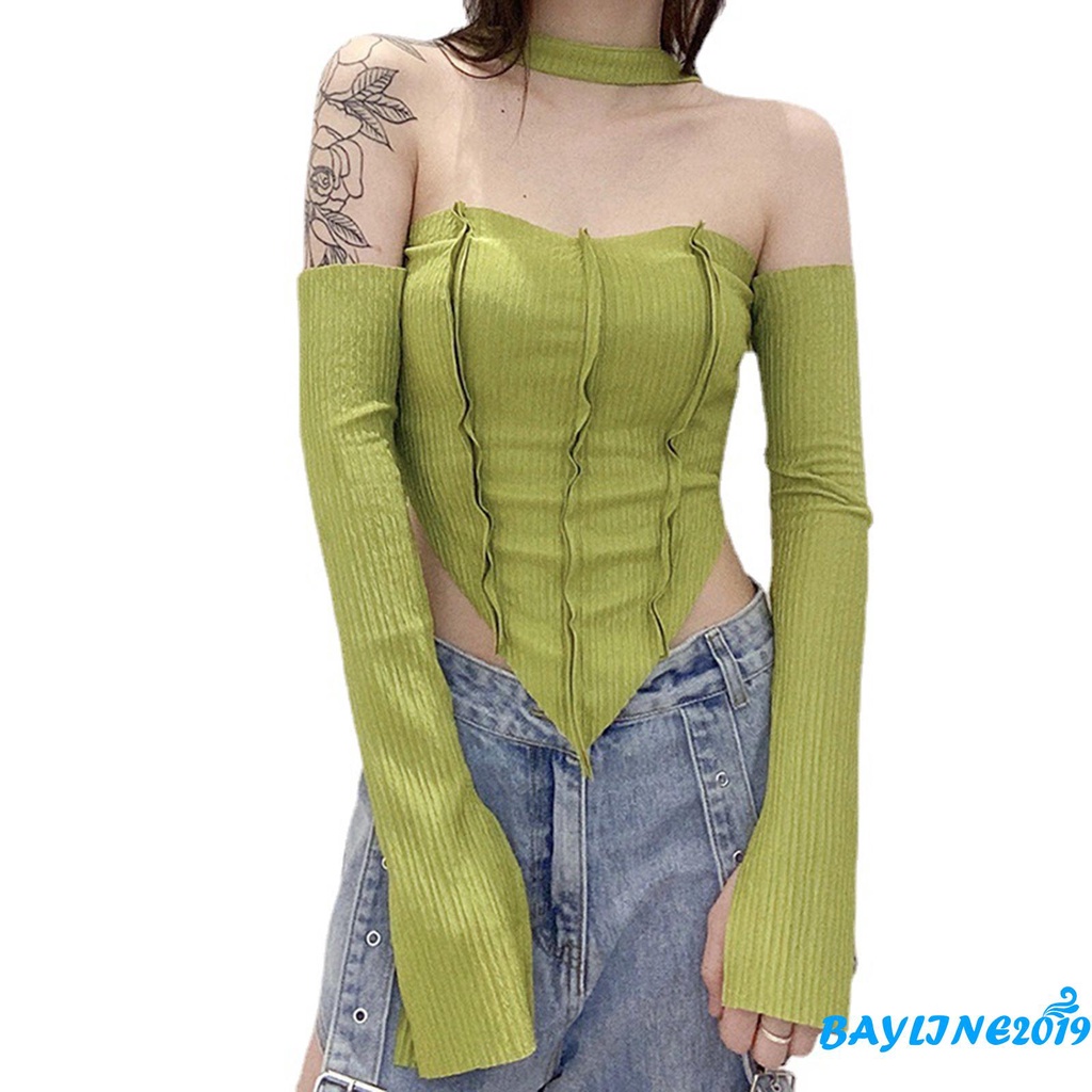 Áo Croptop Tay Dài Trễ Vai Màu Sắc Thời Trang Quyến Rũ Cho Nữ