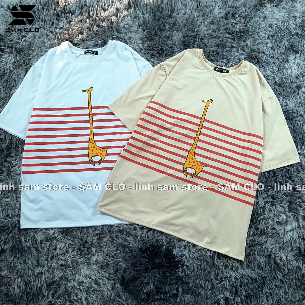 Áo thun tay lỡ nữ freesize phông form rộng dáng Unisex - Ulzzang mặc cặp, nhóm, lớp sọc in hình HƯƠU CAO CỔ