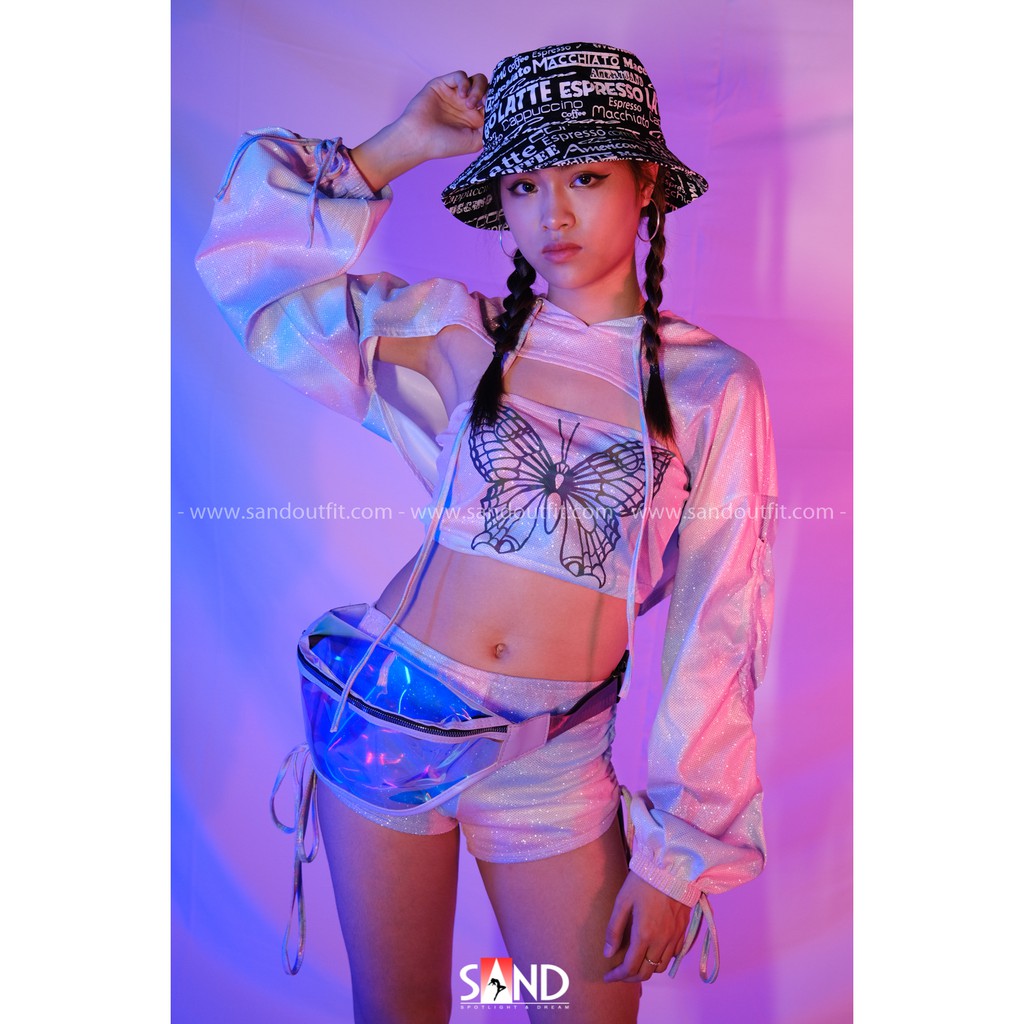 (Video Ảnh Thật + Có Sẵn) Set Áo Quần ánh kim màu hồng loang áo hoodie cut out kèm áo ống và quần short độc đáo cá tính