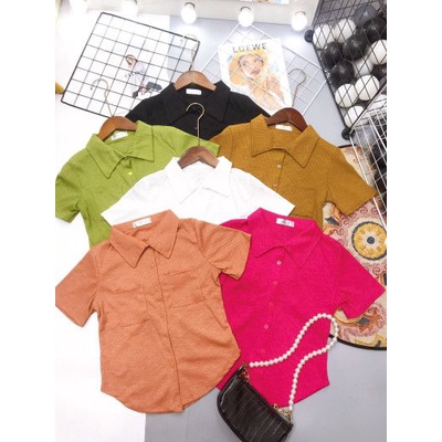 Áo tăm 2 túi cổ bẻ khuy vạt bầu cộc tay