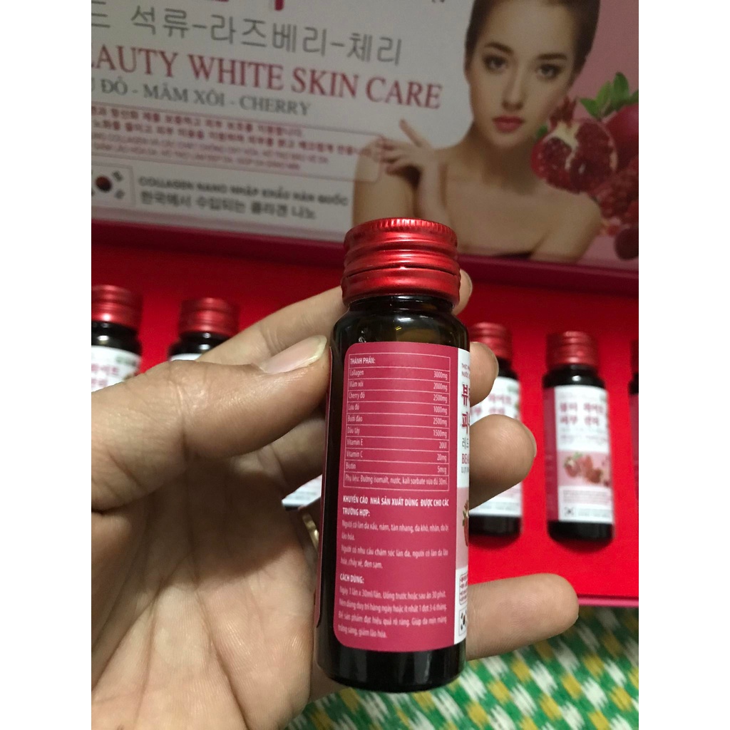 Nước uống đẹp da COLLAGEN BEAUTY WHITE SKIN CARE Lựu đỏ - Mâm Xôi -Cherry giúp giảm lão hóa da , hỗ trợ làm đẹp