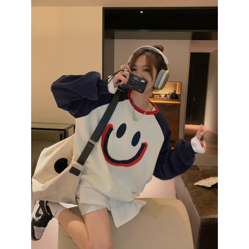 Jiashucheng Áo Sweatshirt Tay Dài Dáng Rộng Thêu Mặt Cười Màu Tương Phản Phong Cách Retro Mỹ Mùa Thu Mới Dành Cho Bạn Nữ