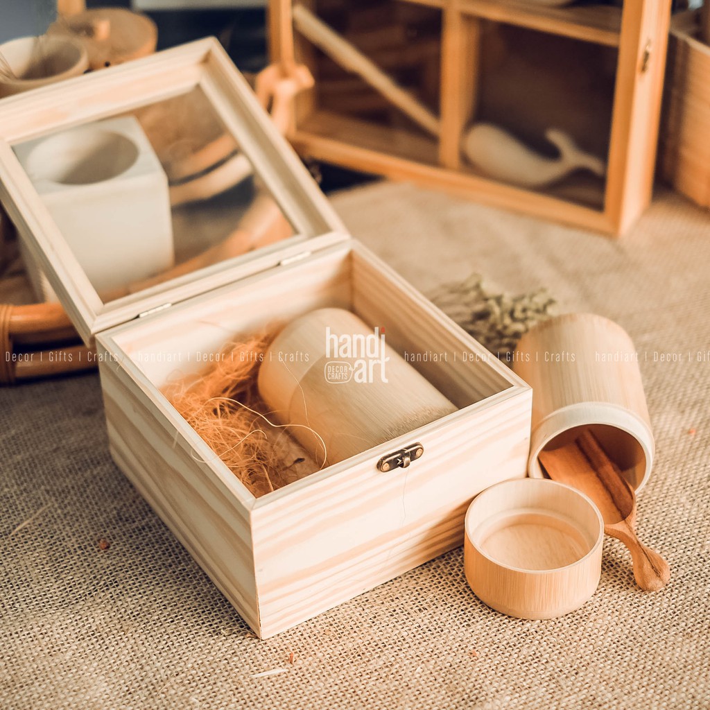 [COMBO 1 hộp gỗ vuông nắp kính+1 muỗng gỗ+2 hộp trà tre] - Hộp gỗ quà tặng - Wooden gift box