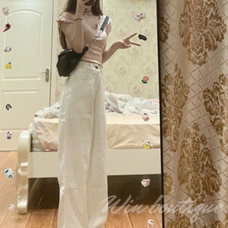 Quần jeans trắng cạp cao chất liệu bò dày đẹp phom suông rộng hack dáng Hot 2022