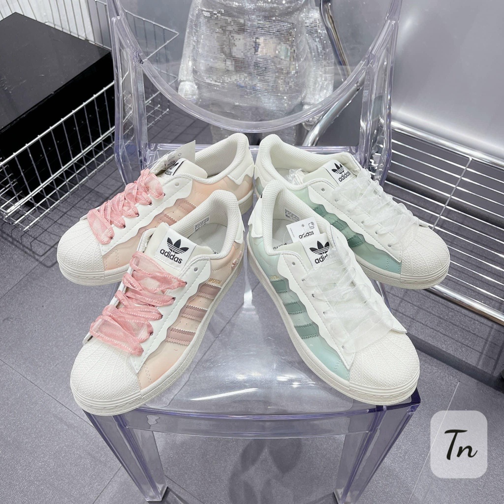 Giày thể thao Adidas superstar Hồng + xanh kem ✔️TẶNG TẤT✔️ giầy das sò 3 sọc màu xanh, hồng cho nữ siêu xinh Full Box