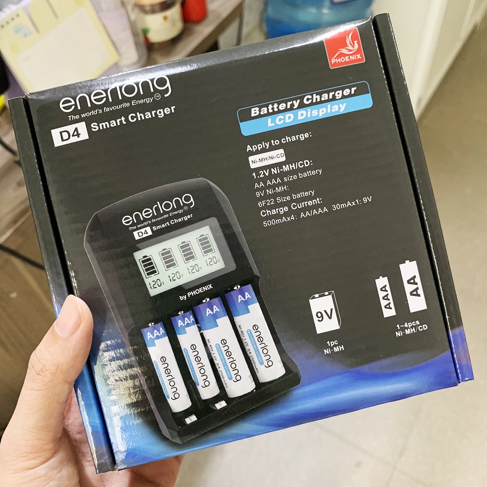 Máy sạc pin AA, AAA, 9V ENERLONG D4 Smart charger (Hàng nhập khẩu) - Có màn hình hiển thị V và dung lượng pin sạc