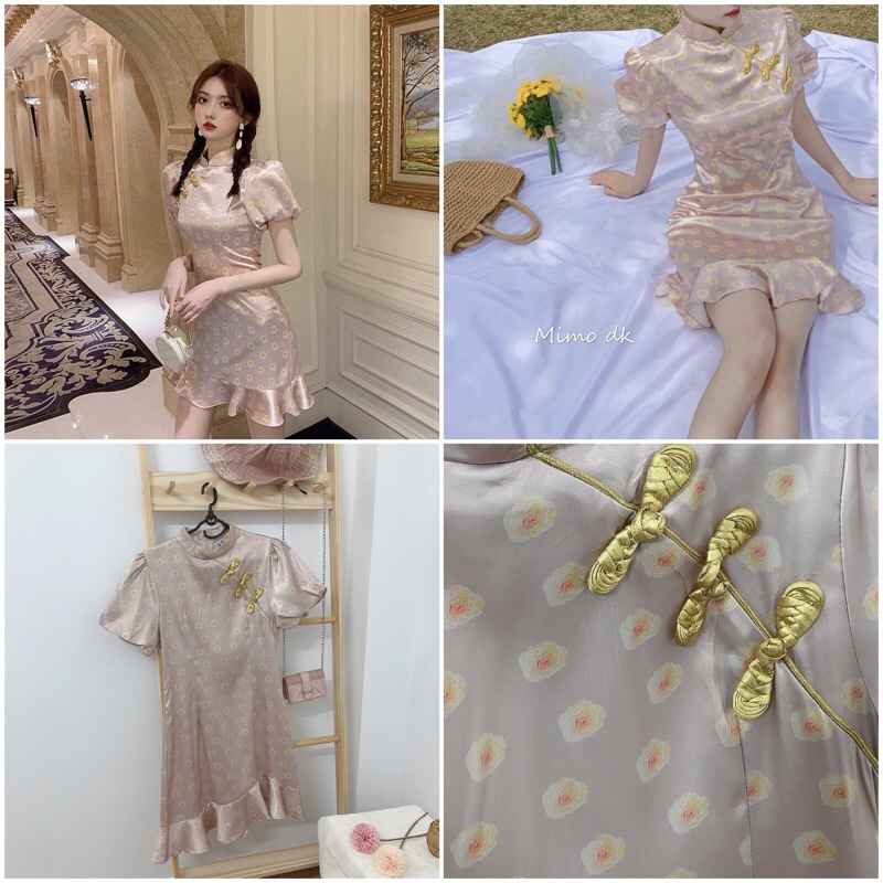 Đầm hoa sườn xám hạc trendy