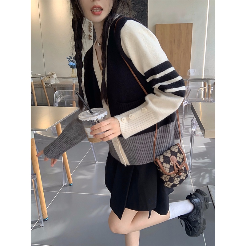 ZHELIHANGFEI Áo Khoác Cardigan Dệt Kim Tay Dài Cổ Chữ V Phong Cách Retro Nhật Bản