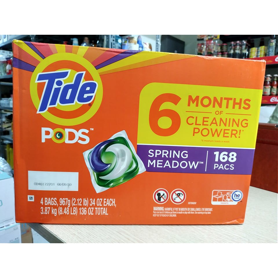 Thùng 168 viên giặt xả Tide Pods 3 in 1 Spring Meadow (gồm 4 túi mỗi túi 42v), hàng Mỹ xịn xò, thơm ngát hương hoa