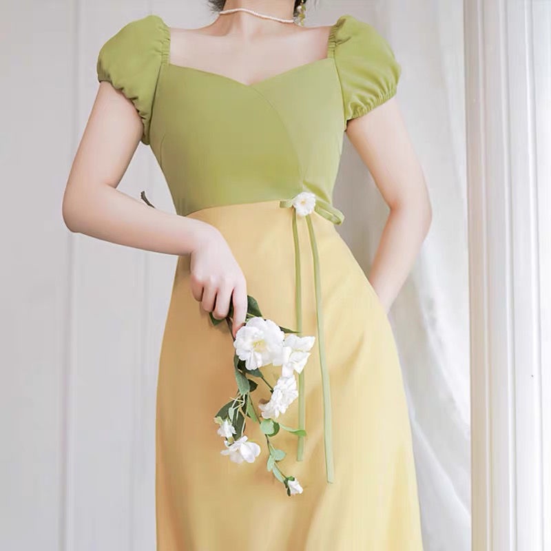 Đầm Tay Phồng Dáng Dài Chiết Eo Kiểu Vintage Hàn Quốc Dễ Thương Cho Nữ