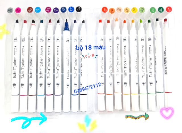 Bộ màu marker mã 912- 12màu -18-24-36 màu hộp nhựa-bộ bút dạ màu 2 đầu