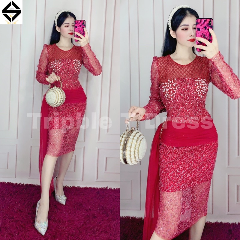 Đầm body lưới lỗ kết hạt cườm cao cấp - MS139Y (KÈM ẢNH/VIDEO THẬT)