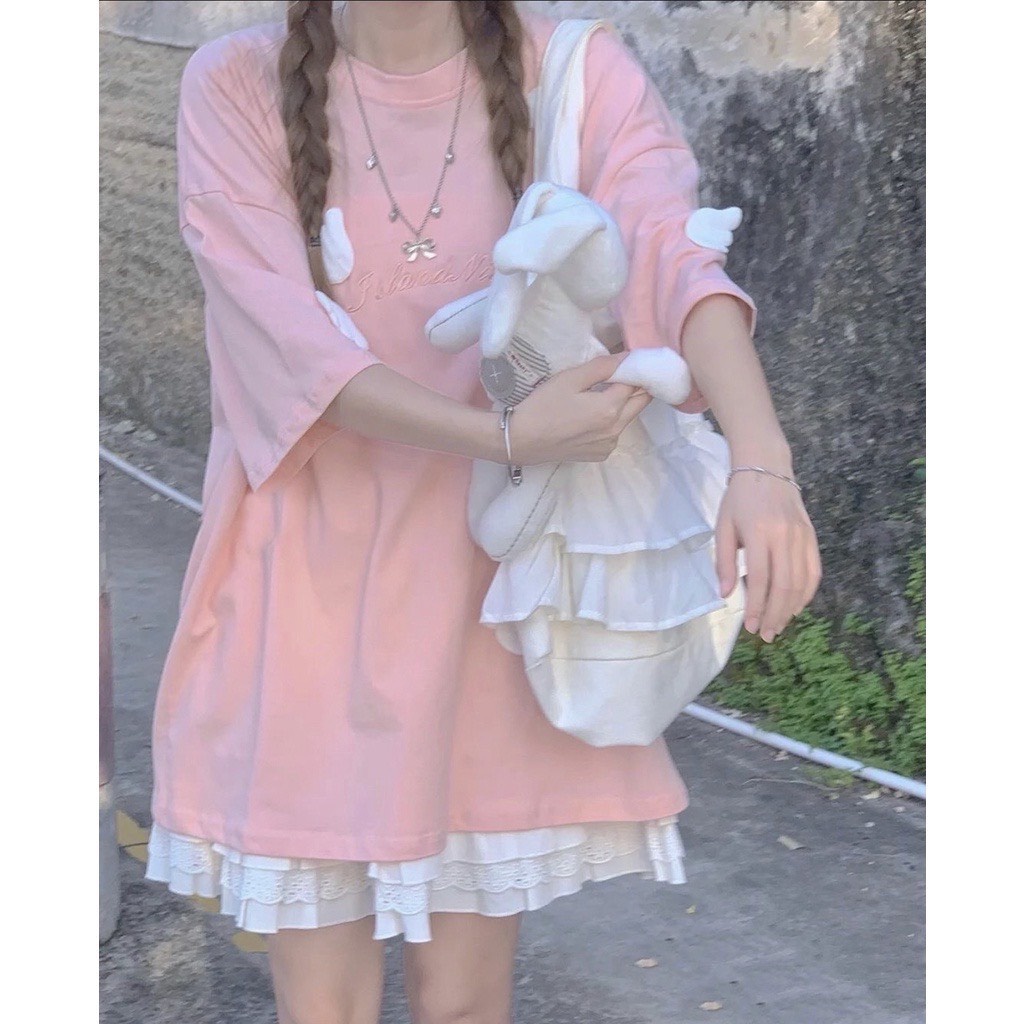 Áo thun nữ tay lỡ form rộng màu hồng pastel thêu cánh thiên thần, áo phông unisex freesize