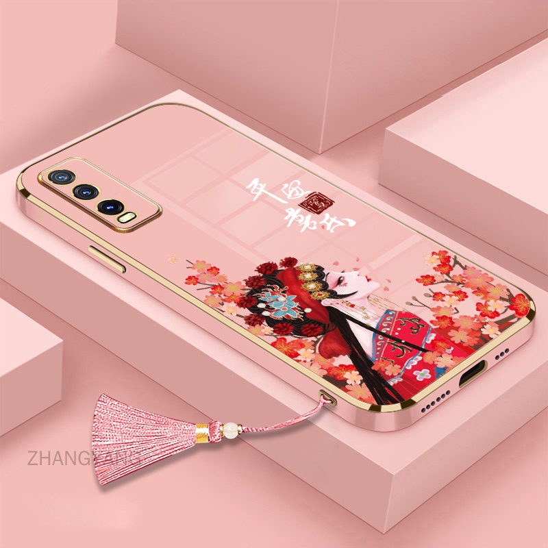 ốp lưng vivo y20i y12s y20s y12a y20 Mạ điện TPU Vỏ mềm silicone Guofeng Character Case điện thoại với dây buộc tua