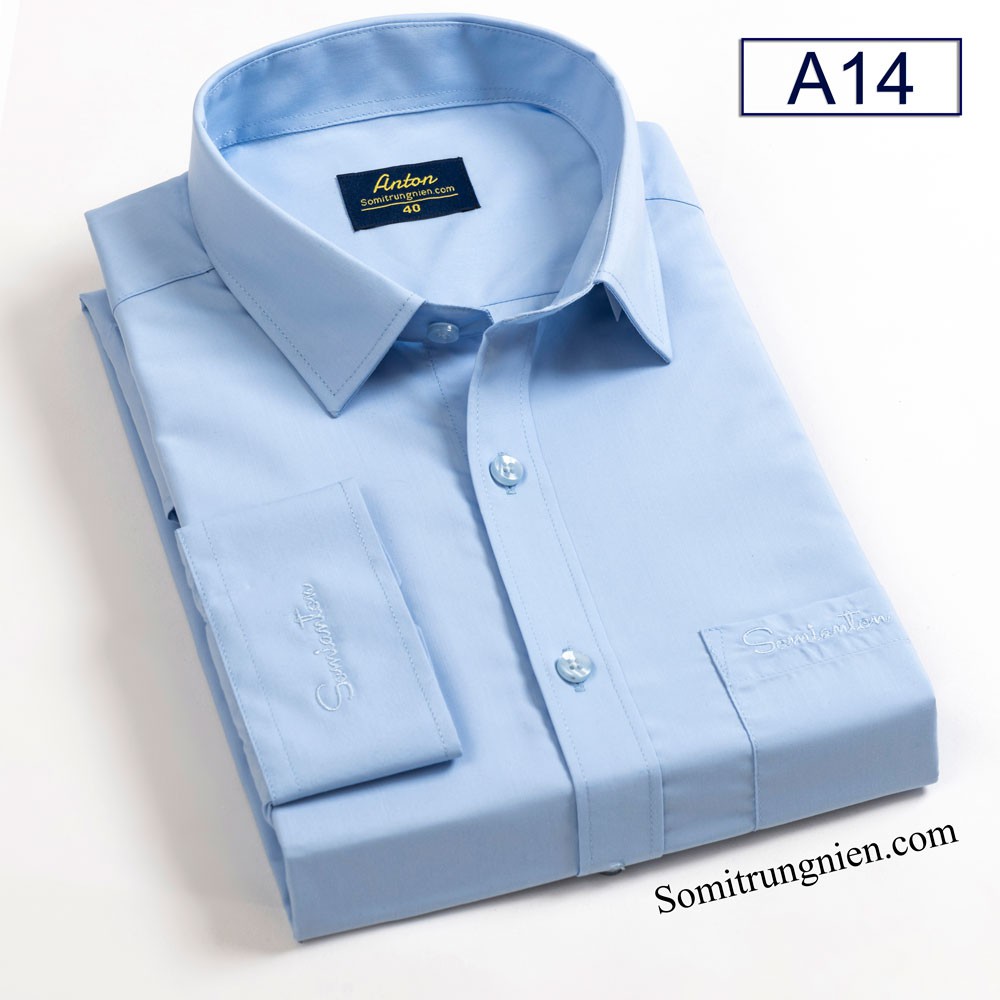Áo Sơ Mi Nam Công Sở Trung Niên Thương Hiệu Anton Dài Tay Công Sở Vải Cotton Xanh Dương - A14