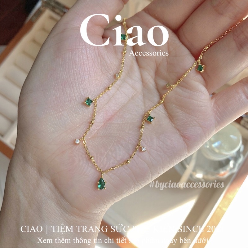 [HOẢ TỐC 1H] Dây chuyền/ Vòng cổ mạ bạc S925 thiết kế đính đá xanh lấp lánh nữ tính Princess Ciao