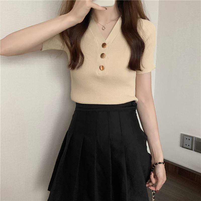 Áo thun dệt kim ngắn tay cổ V thời trang trẻ trung dành cho nữ