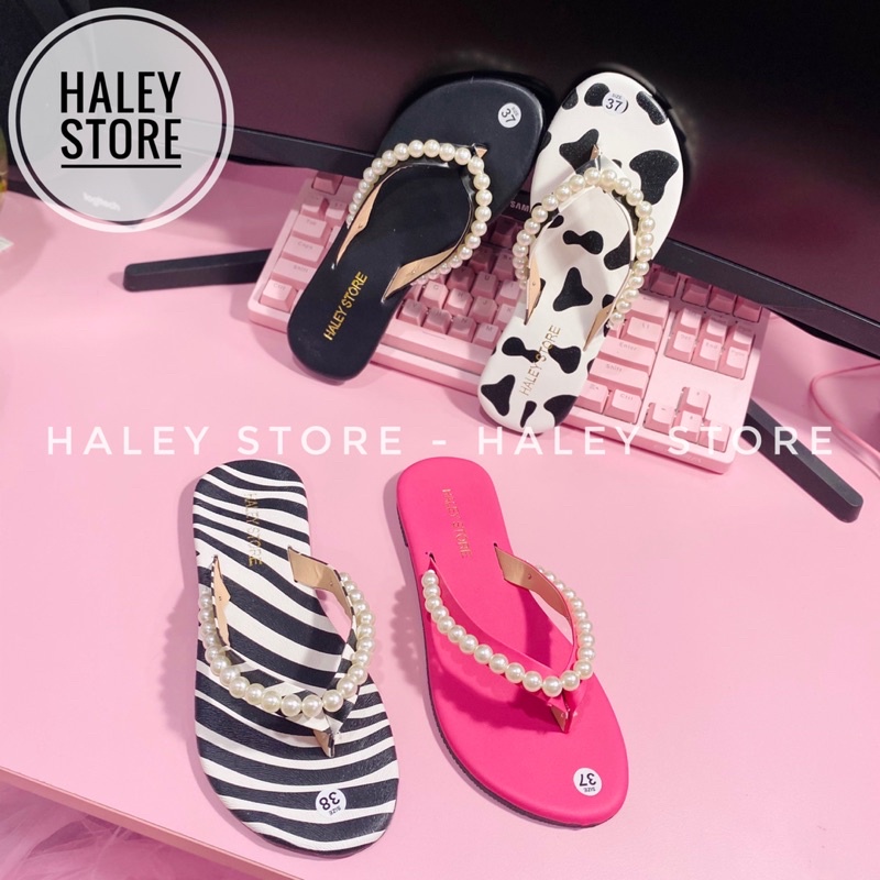 Dép nữ HALEY STORE đế bệt quai kẹp xỏ ngón đính ngọc nhiều màu bò sữa hồng hottrend đi đi chơi đi dạo đi biển