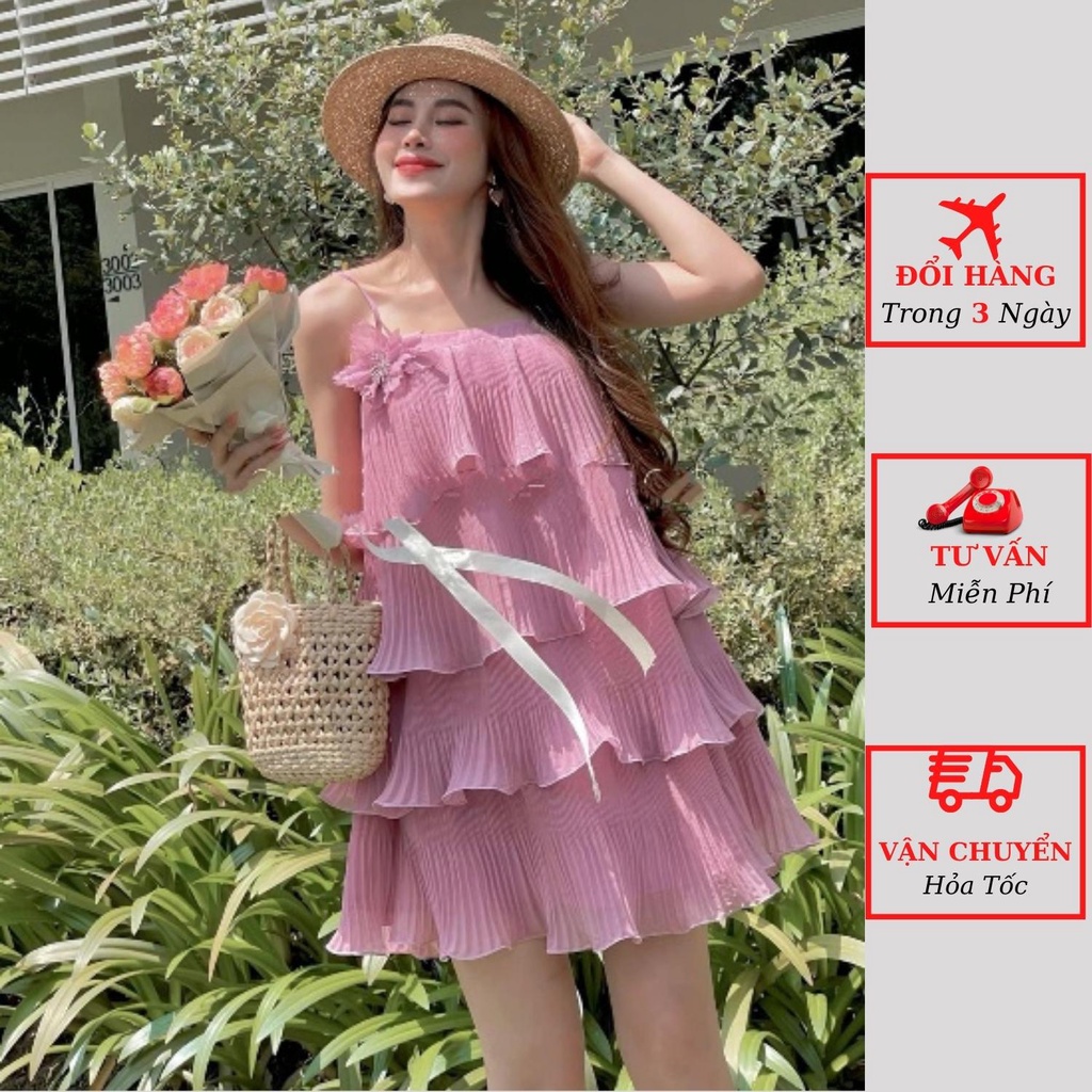 Váy 2 dây dập ly nữ bèo tầng nơ hoa ngực dáng suông tiểu thư bánh bèo đi biển du lịch ulzzang Hàn Quốc