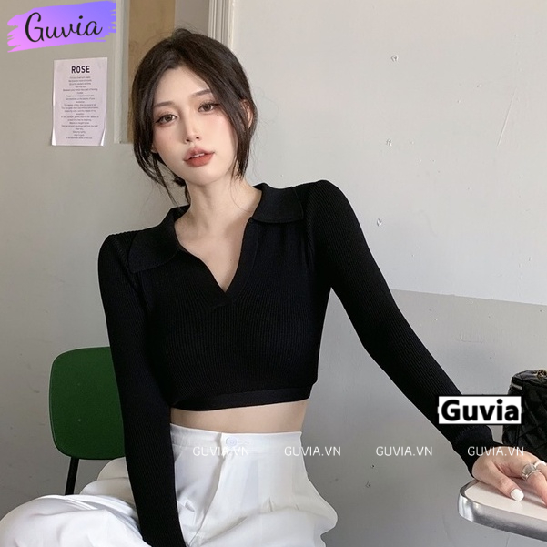 Áo Croptop Nữ Tay Dài CỔ BẺ XẺ V Ôm Body, Áo Thun Croptop Kiểu Sexy Chất Thun GUVIA CR68