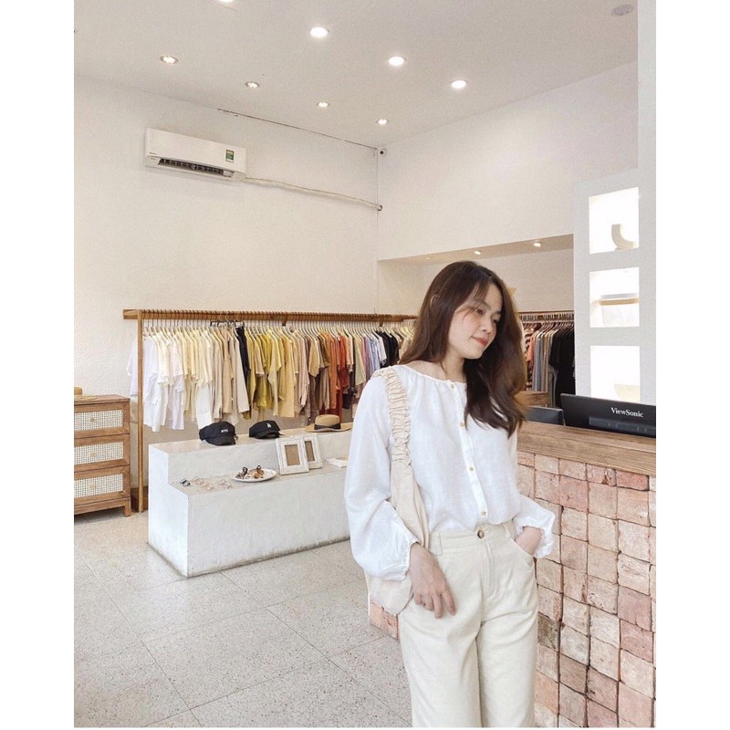 Set áo nút vintage kèm quần suông kaki