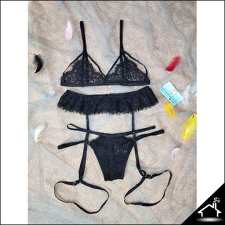 Bộ đồ lót ren, set bra sexy đen mi quần dây không mút