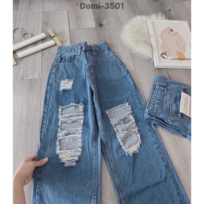 Quần bò ống rộng, jean nữ rách gối tua rua màu xanh đậm siêu cá tính hack dáng hàng cao cấp Lê Huy Fashion MS 3501