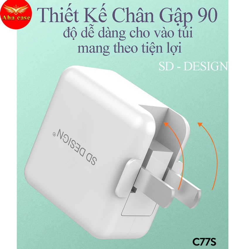 [Bán Chạy] Củ sạc Nhanh Chân Gập 90 độ C77s SD Design - Chip thông minh tự ngắt chống cháy, phù hợp nhiều dòng máy