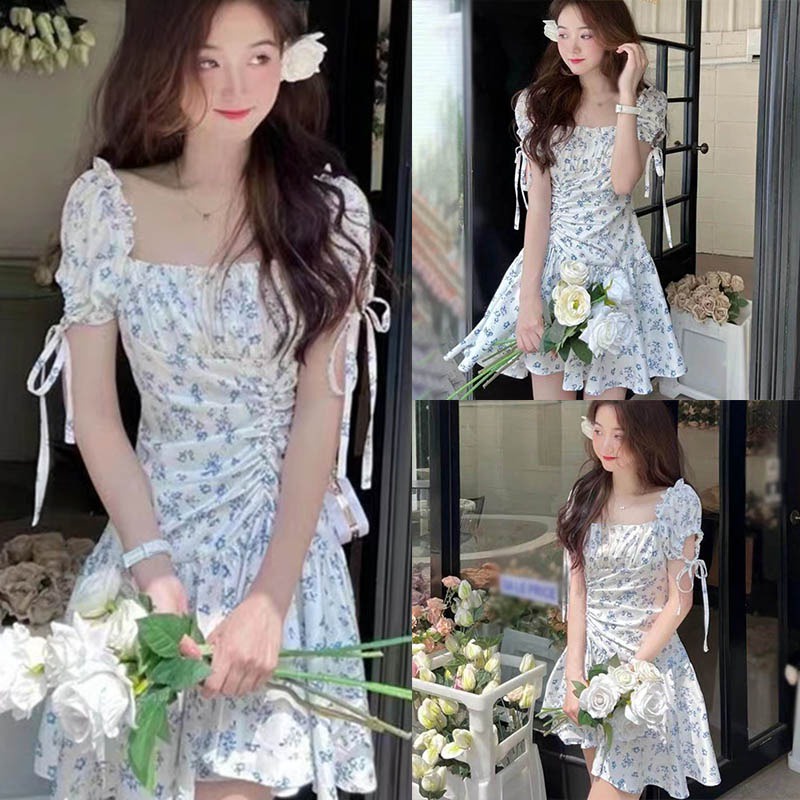 Đầm Hoa Tay Phồng Ngắn Cổ Vuông Dáng Ôm Thời Trang Mùa Xuân Thanh Lịch Cho Nữ