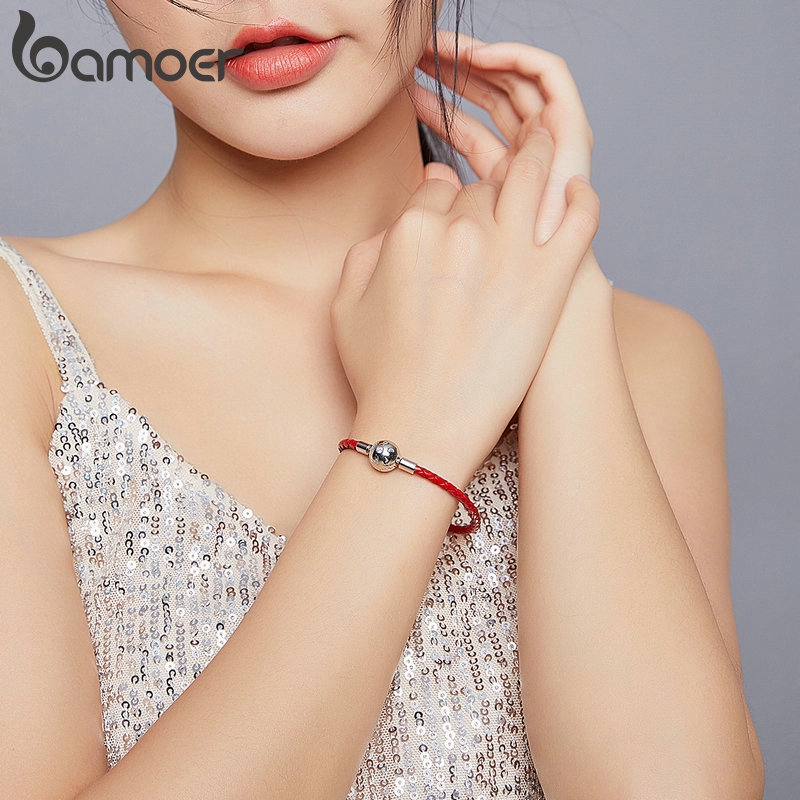 Vòng tay dây da bện đỏ Bamoer BSB042 mặt hình quả cầu tròn