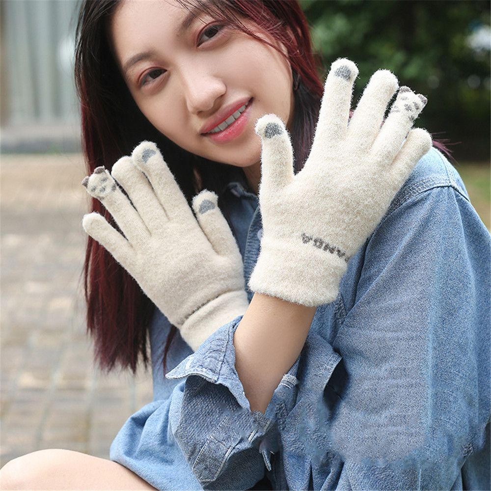 Okdeals Găng Tay Dệt Kim Dày Dặn Ấm Áp Hình Mèo Hoạt Hình Có Thể Chạm Màn Hình Cảm Ứng Mùa Đông Cho Nữ Ngoài Trời