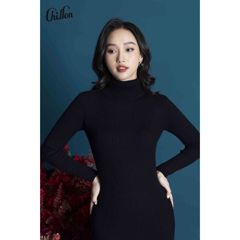 Váy len dáng dài cổ lọ xẻ 1 bên thiết kế Chiffon. Đầm len dài tay cổ cao | BigBuy360 - bigbuy360.vn