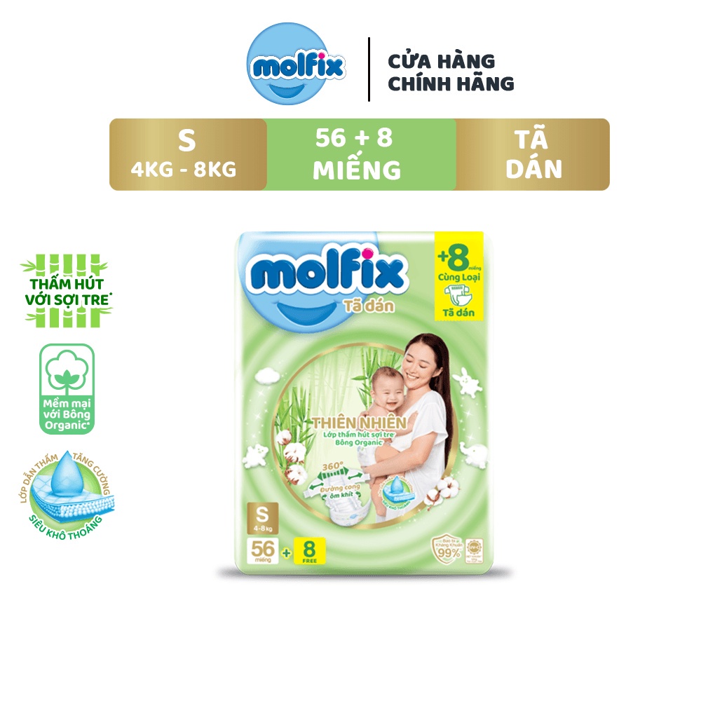 [TẶNG 8 MIẾNG] Tã/bỉm Dán Molfix Thiên Nhiên Jumbo S (4kg - 8kg) - Gói 56 Miếng