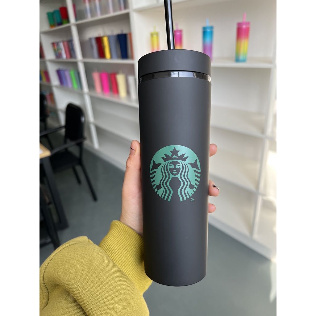 Bình Giữ Nhiệt Cao Cấp Starbucks 500Ml Có Thể Tái Sử Dụng Starbucks Lạnh Cốc Nhựa Đen/Thủy Tinh Starbuck Tumbler Có Nắp Ống Hút Đen Thẳng Cup mờ Flowerdance